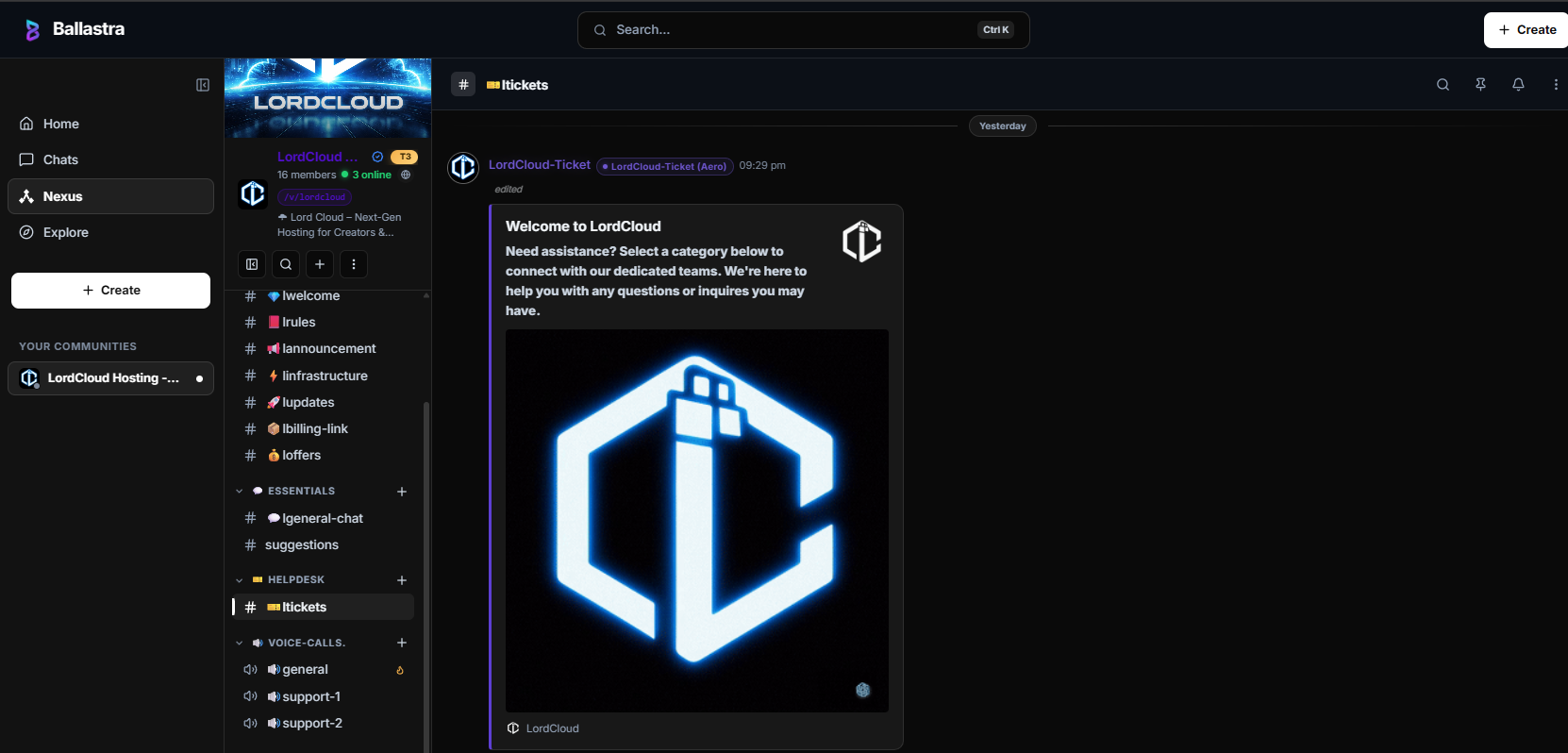 Opening a support ticket on Ballastra — step 1