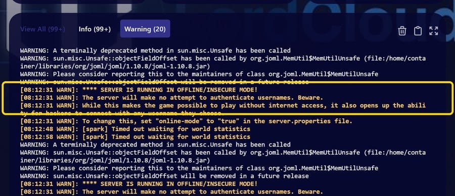Paper console warning: server is running in offline/insecure mode