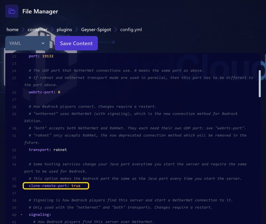 Set clone-remote-port to true and click Save Content