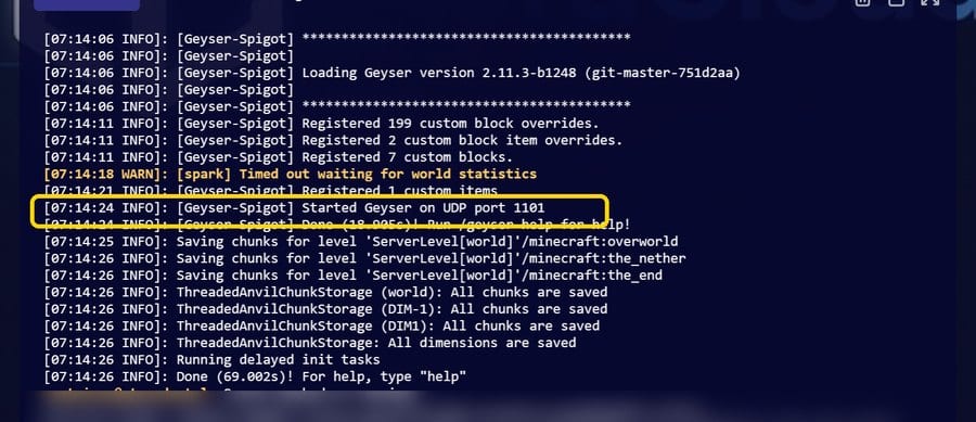 Console shows Started Geyser on the server's own UDP port